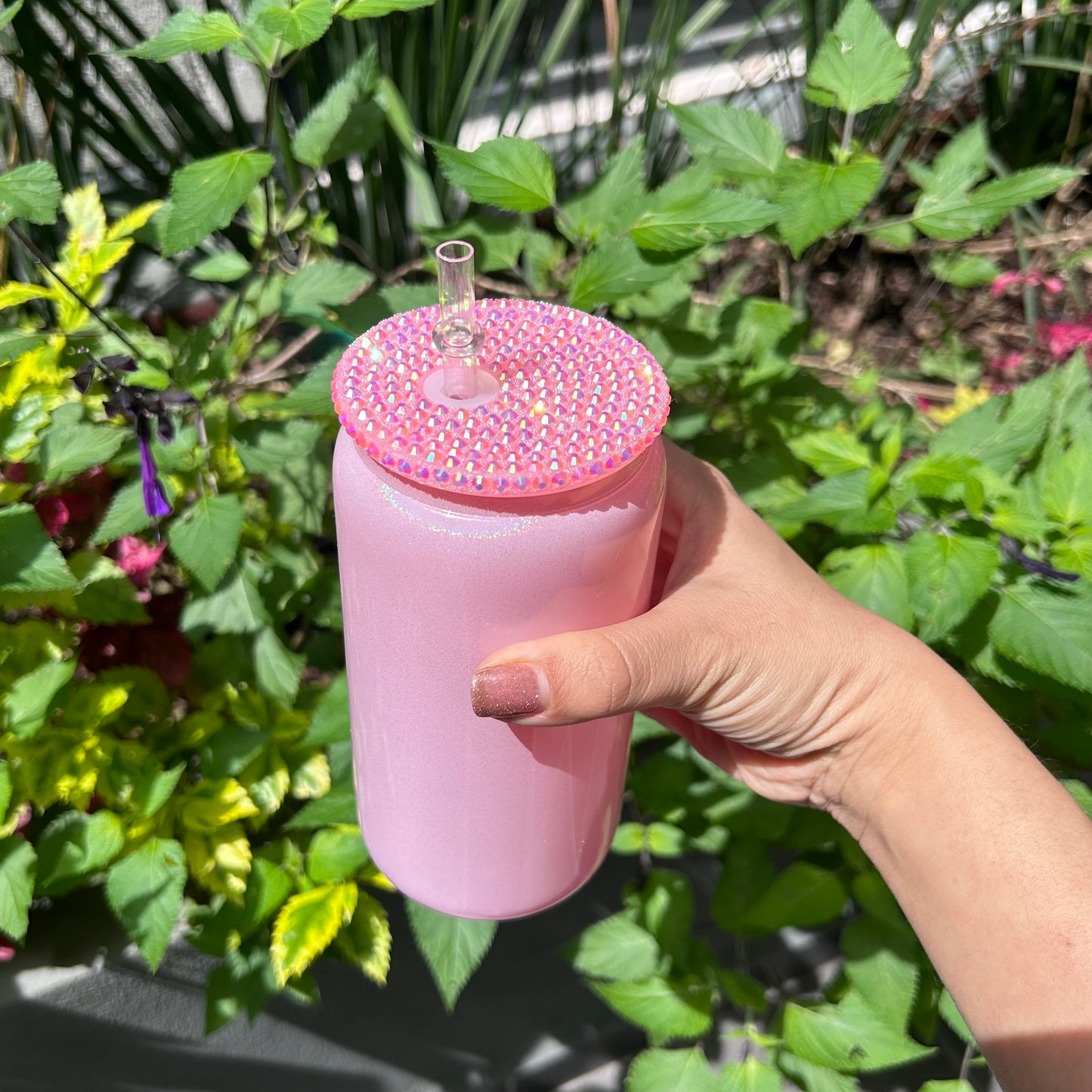 Paquete Vaso Tipo Lata Acabado Glitter tapa con Piedra